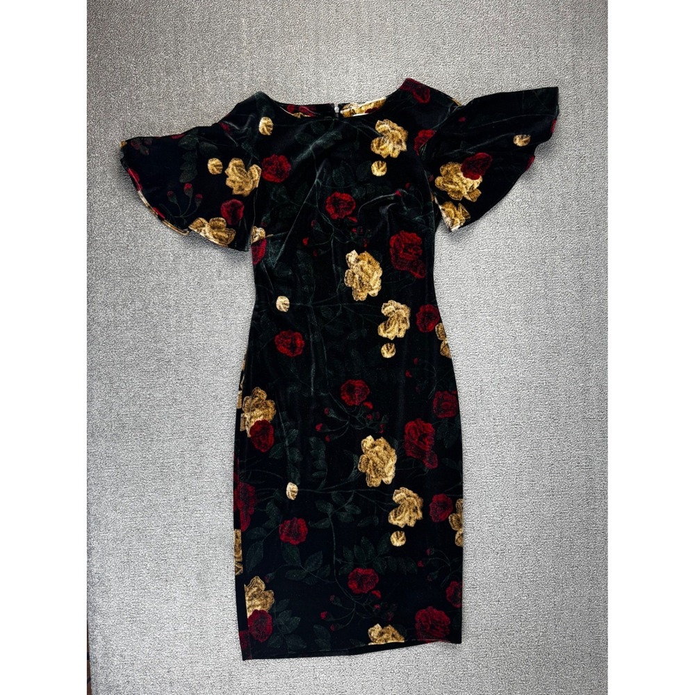 Calvin‎ Klein Dress 2 Black Floral Velvet Sheath Flutter Sleeve Dark Romantic